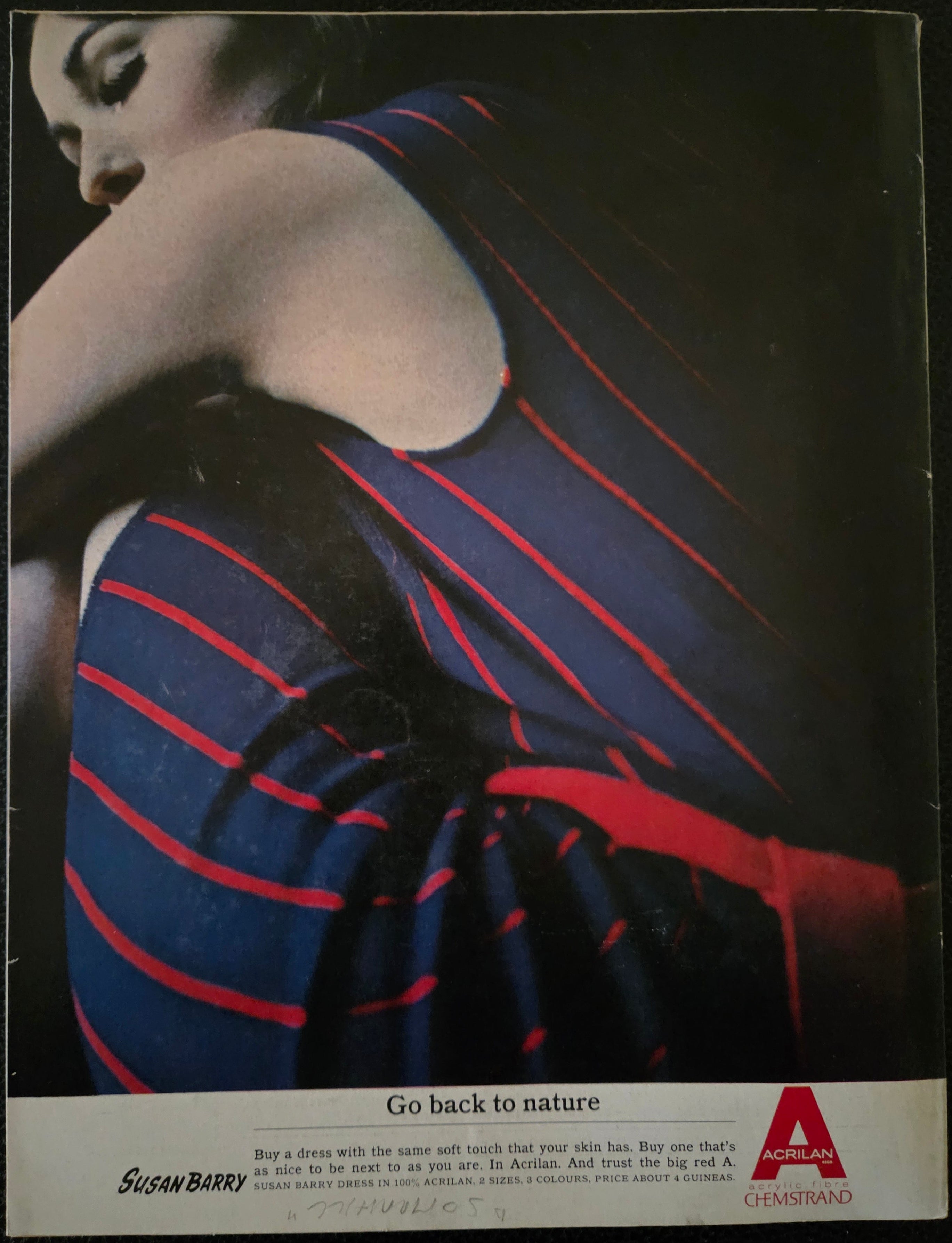 Vintage magazine ad featuring a person wearing a blue and red striped dress for Acrilan