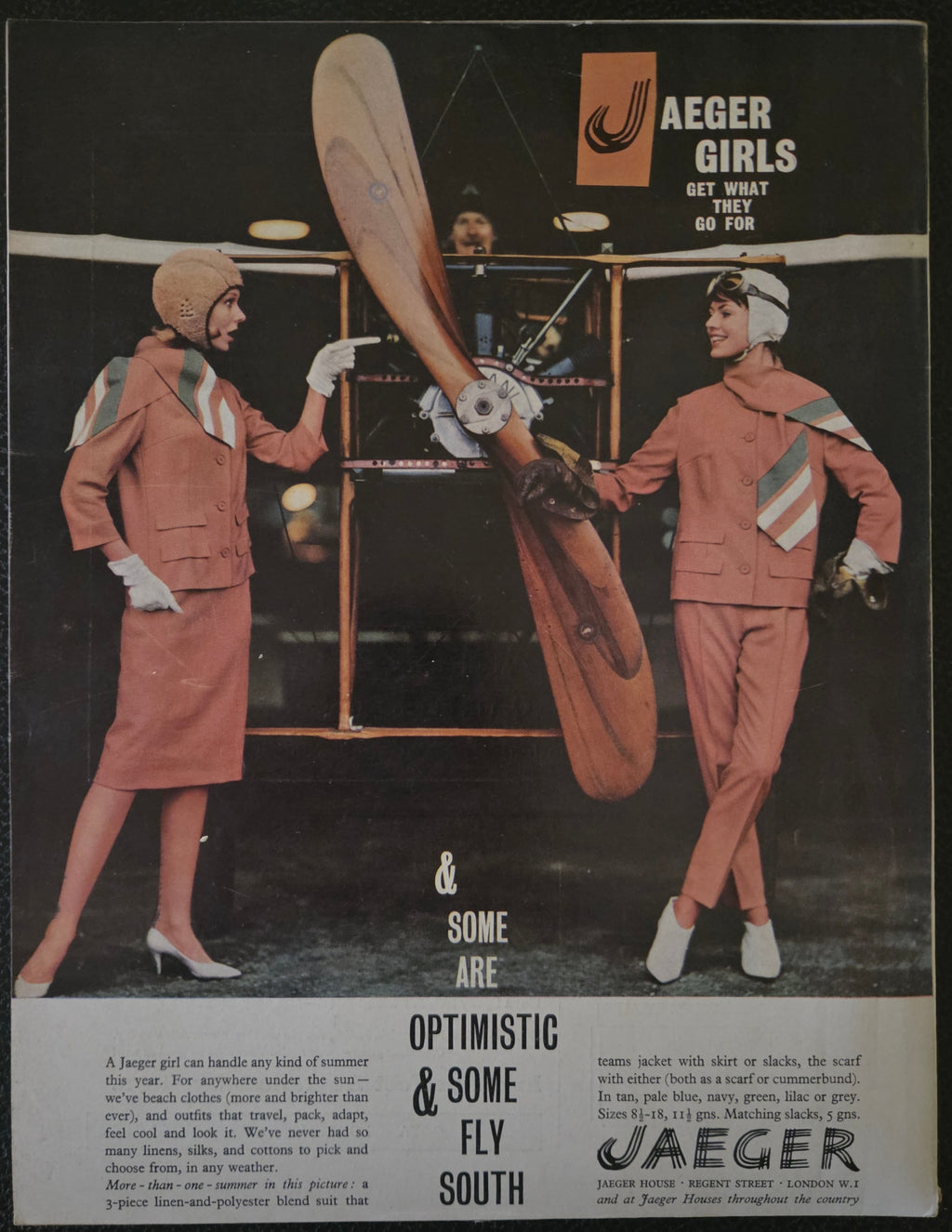 Vintage advertisement for Jaeger Girls with two women in flight outfits near a propeller.