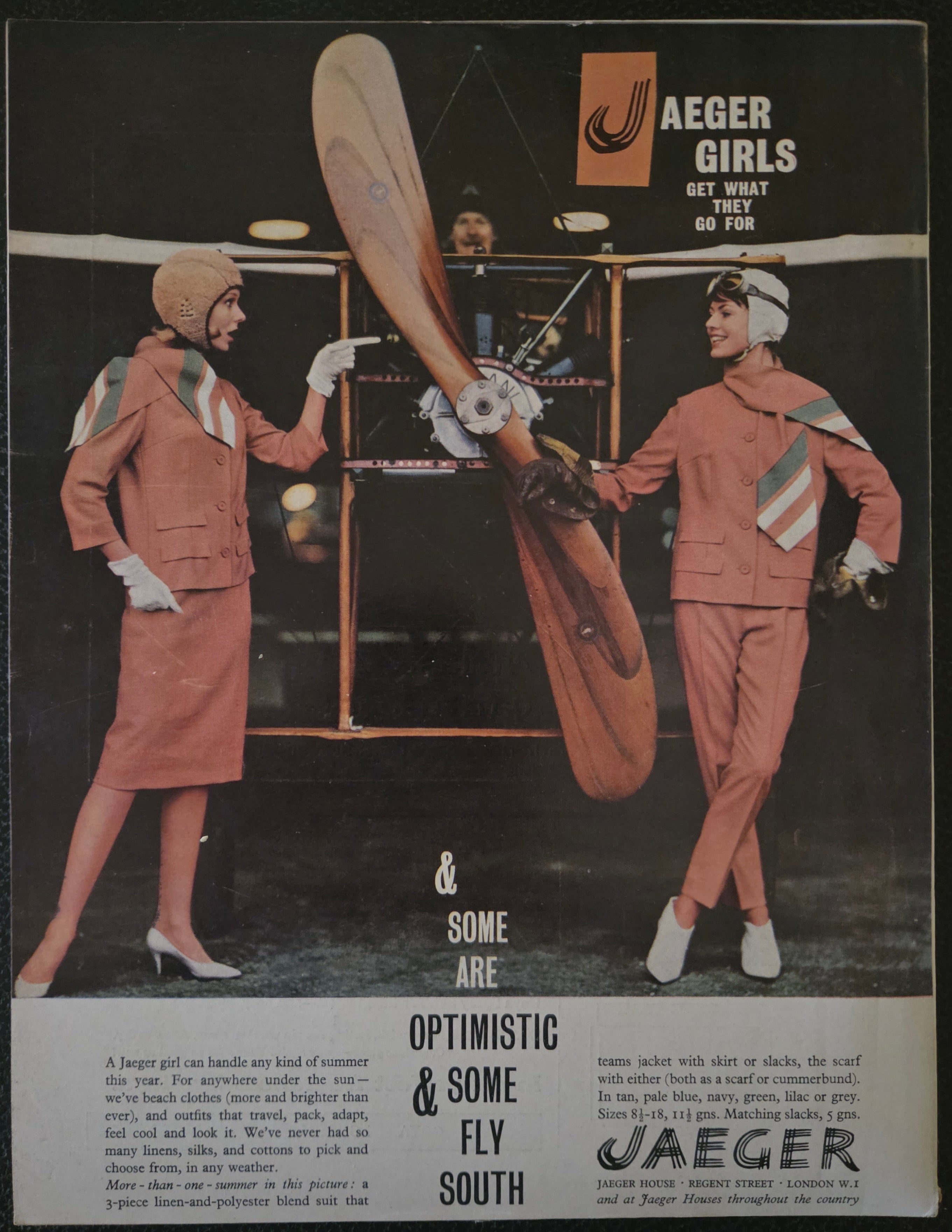Vintage advertisement for Jaeger Girls with two women in flight outfits near a propeller.