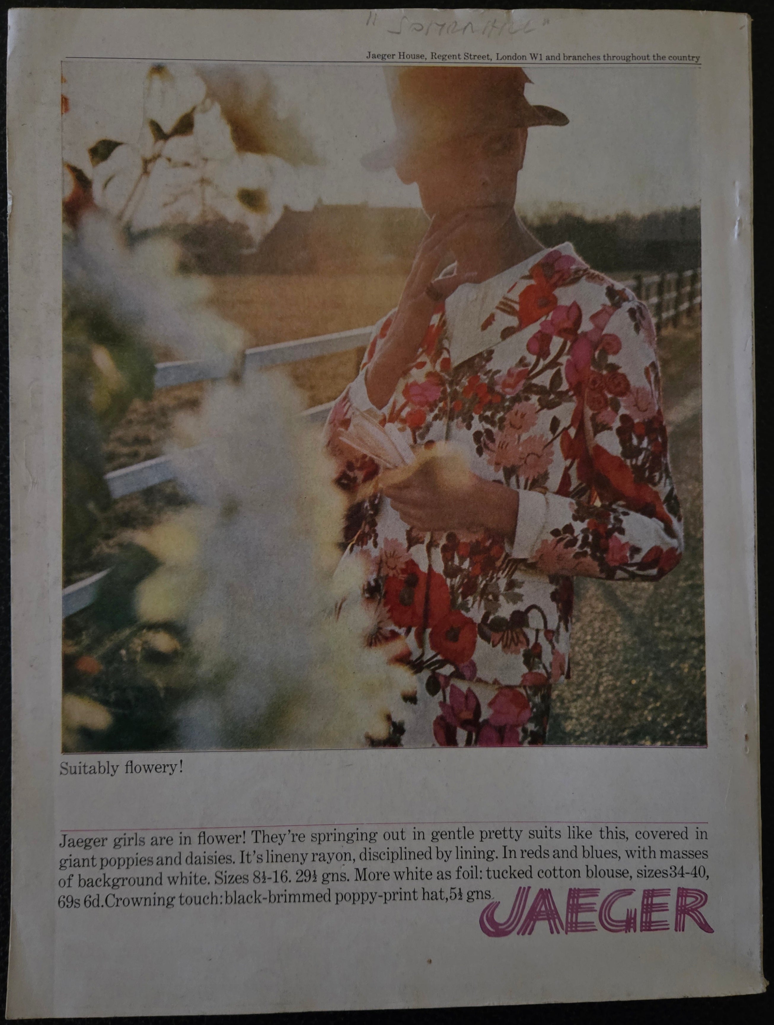 Vintage Jaeger advertisement with a person in a floral outfit