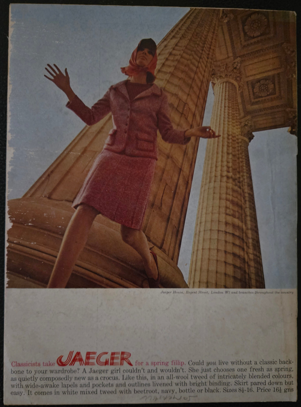 Vintage advertisement with a woman in a dress against a classical architecture background for the brand 'Jaeger'.