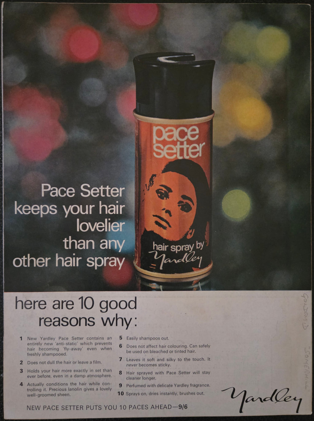 Advertisement for Pace Setter hair spray by Yardley with a colorful blurred background