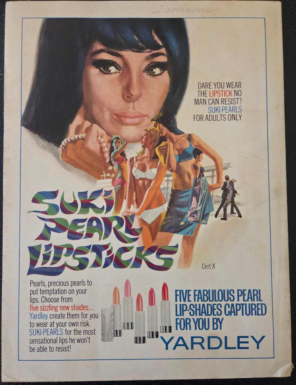 Vintage advertisement for Yardley lipsticks featuring a woman's face and colorful text.