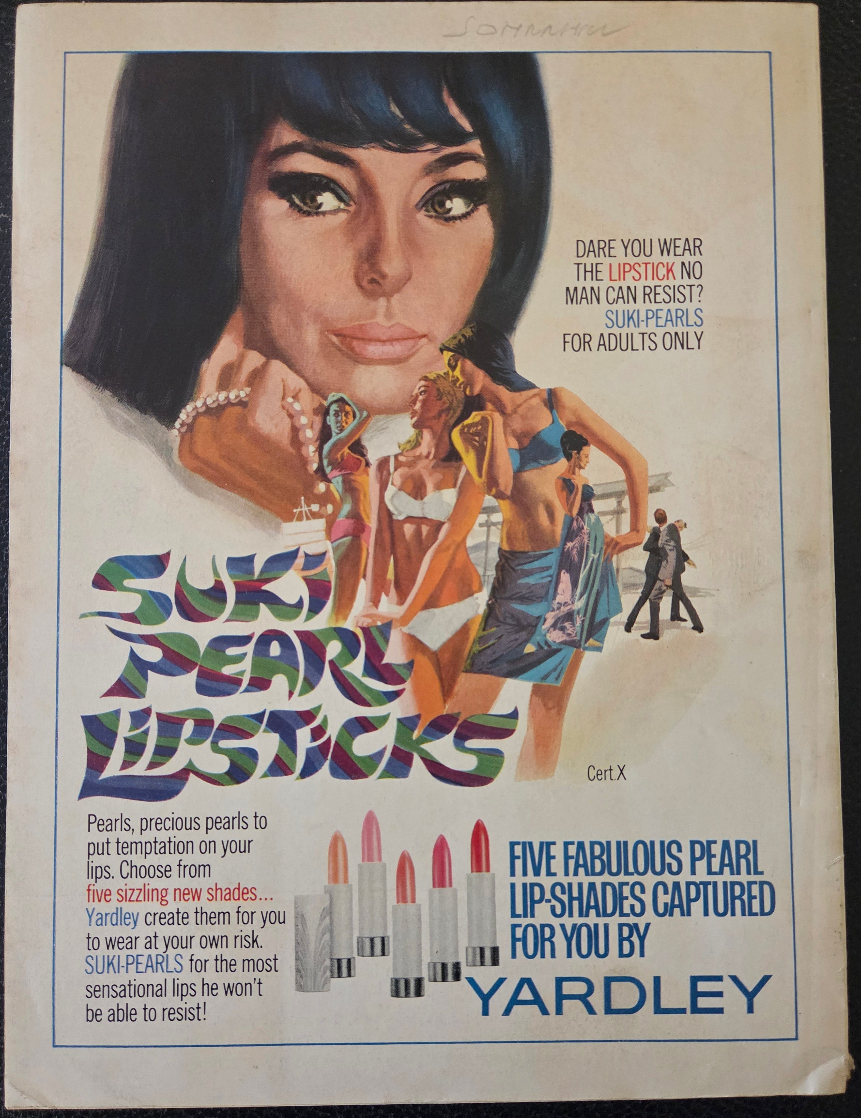 Vintage advertisement for Yardley lipsticks featuring a woman's face and colorful text.