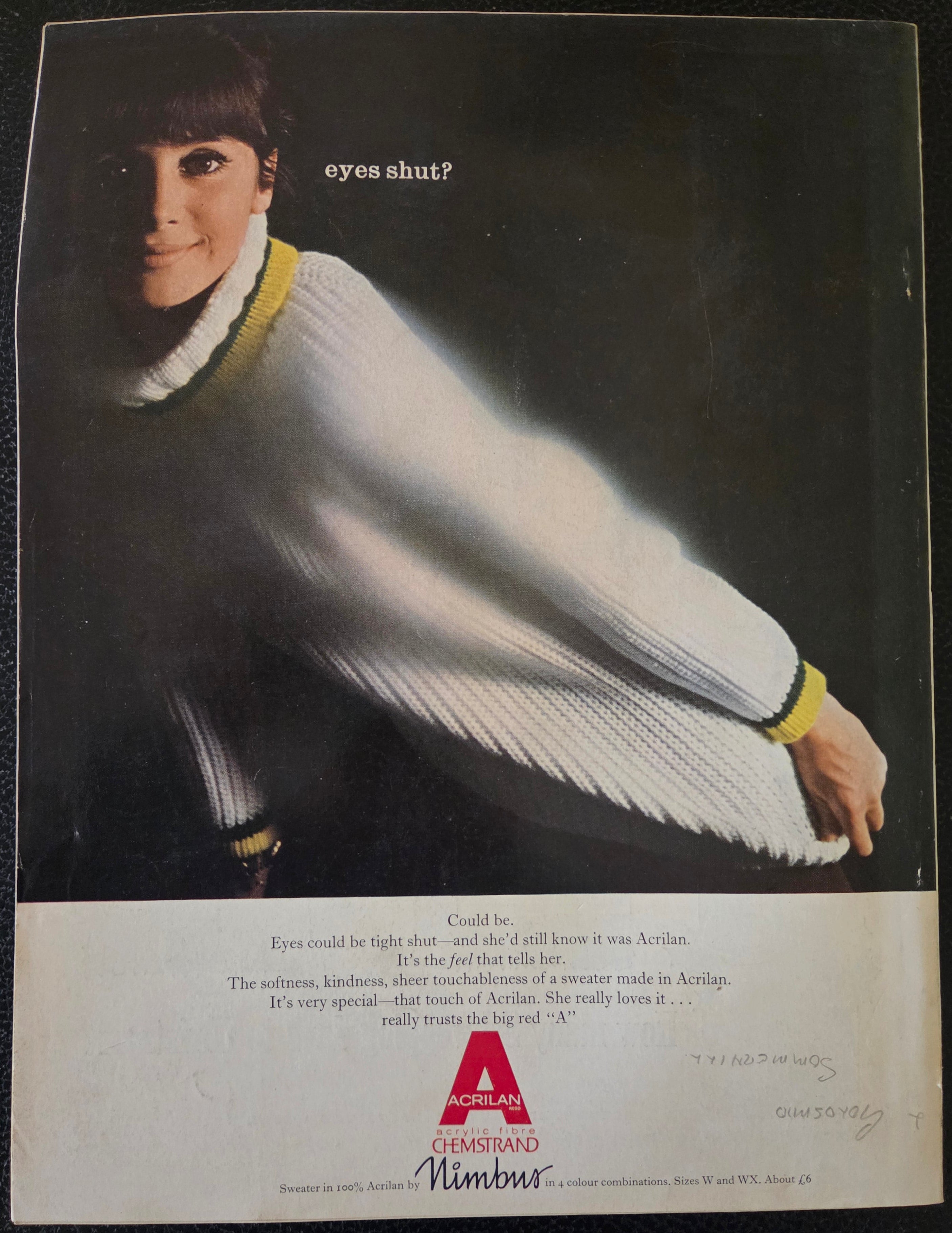 Vintage Acrilan advertisement featuring a person wearing a white sweater with yellow trim