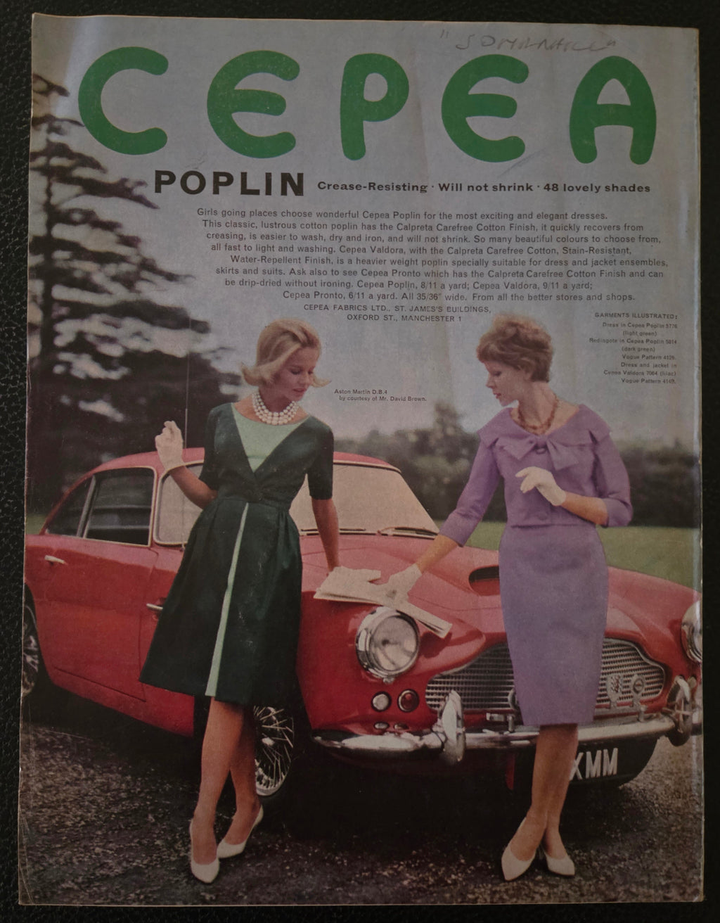 Vintage vogue magazine back cover with people by a car, featuring the brand 'CEPEA'.