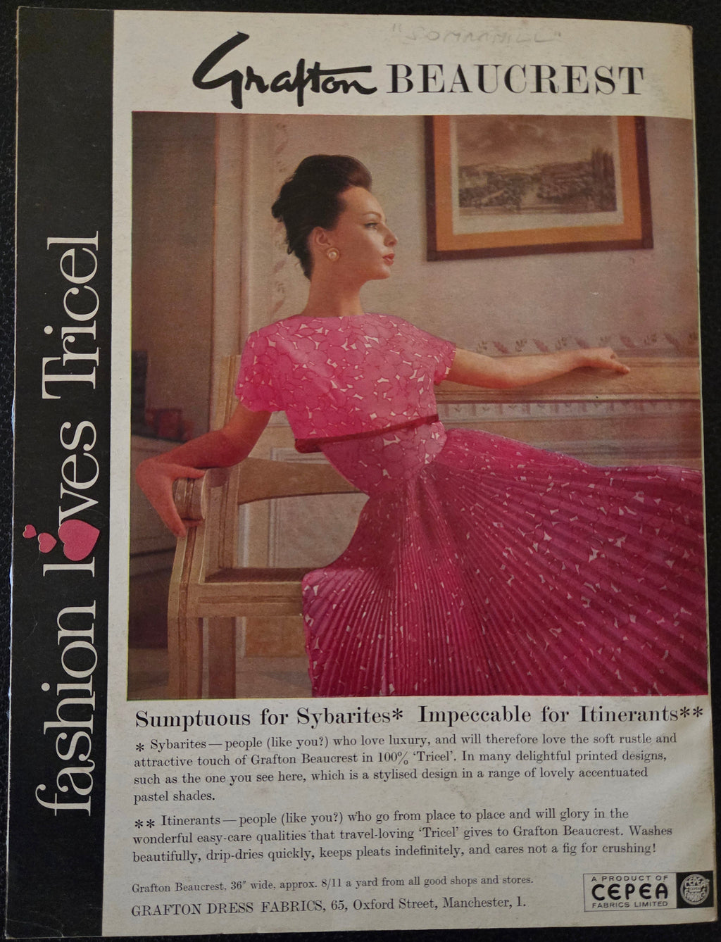 Vintage advertisement for Grafton Beaucrest featuring a woman in a pink dress.