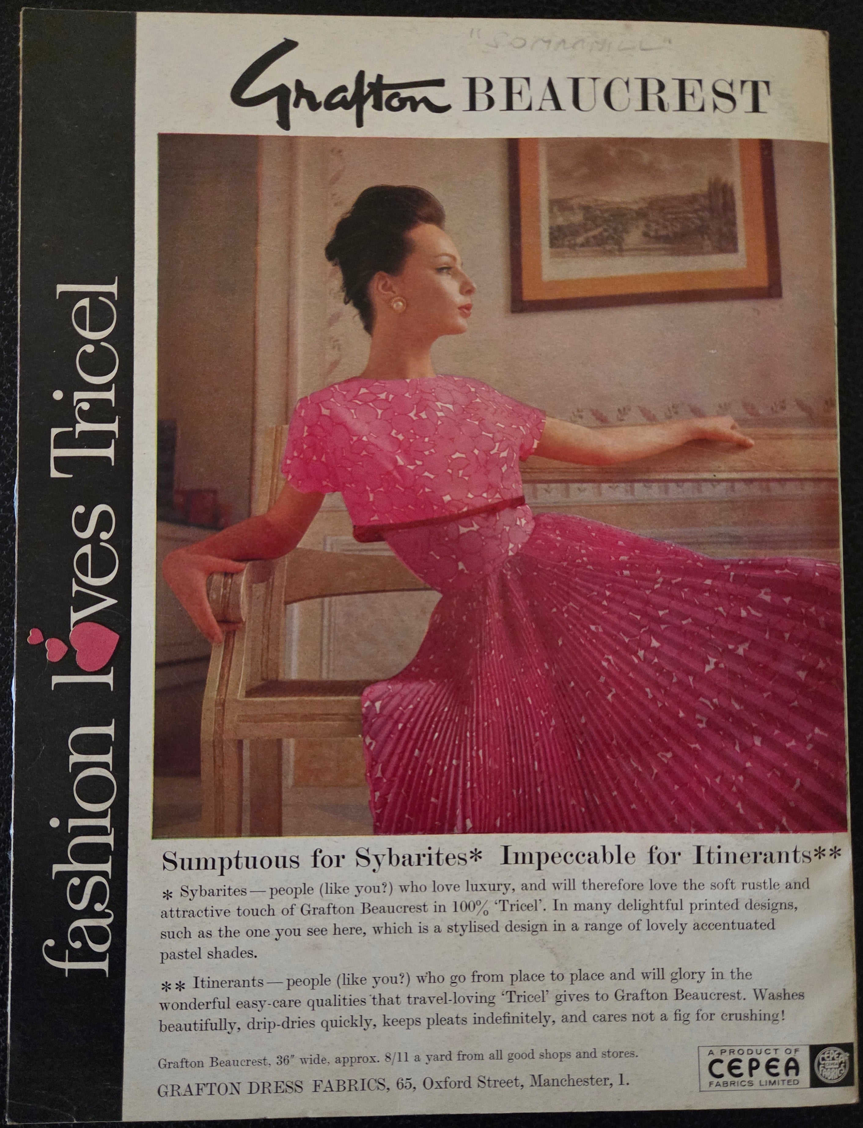 Vintage advertisement for Grafton Beaucrest featuring a woman in a pink dress.