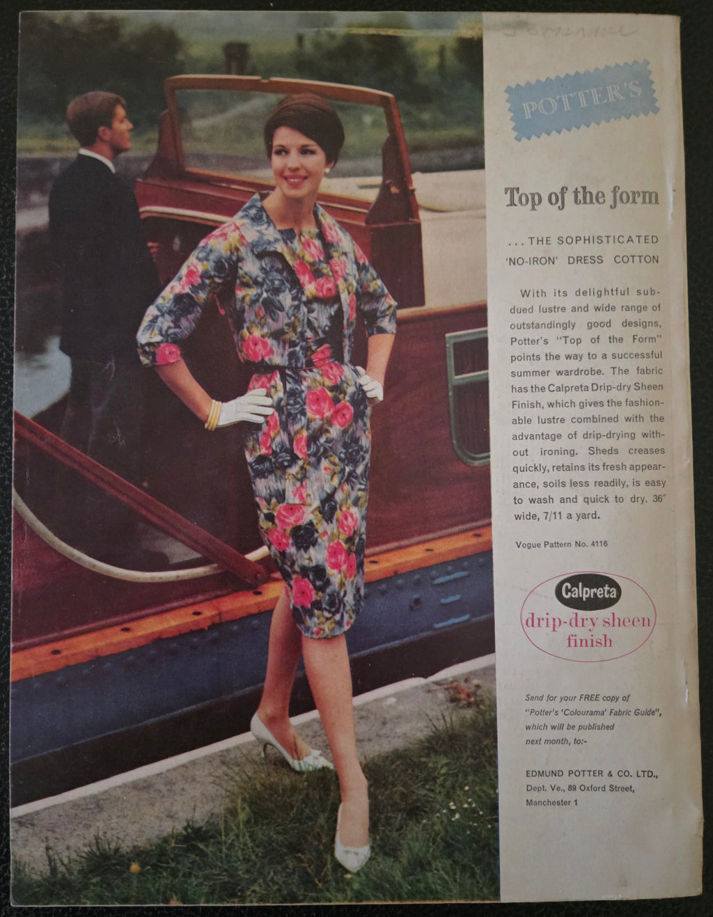 Vintage advertisement featuring a woman in a floral dress by a car.