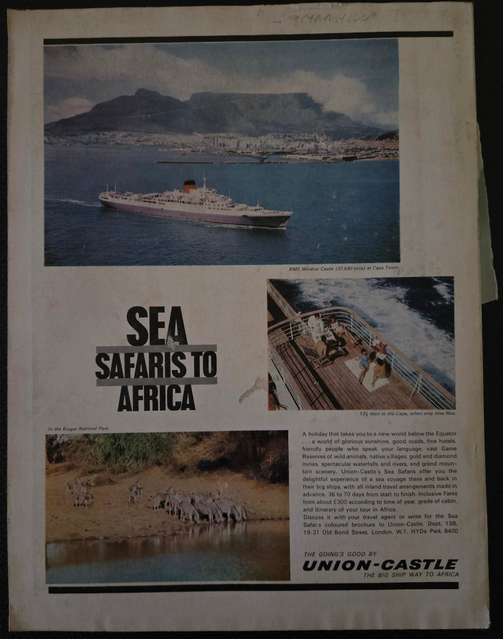 Vintage advertisement for 'Sea Safaris to Africa' featuring a ship and scenic images.