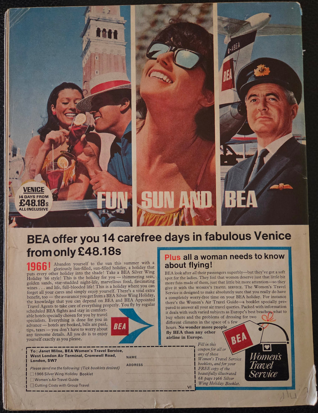 Vintage travel advertisement for Venice featuring a couple and scenic images.