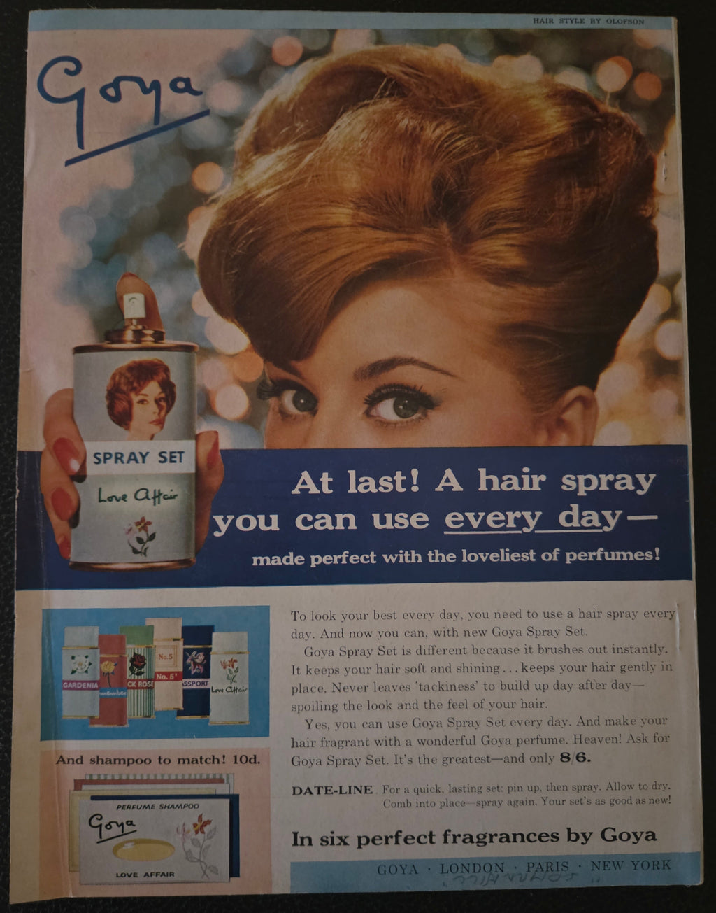 Vintage advertisement for Goya hair spray and fragrances featuring a woman with styled hair.