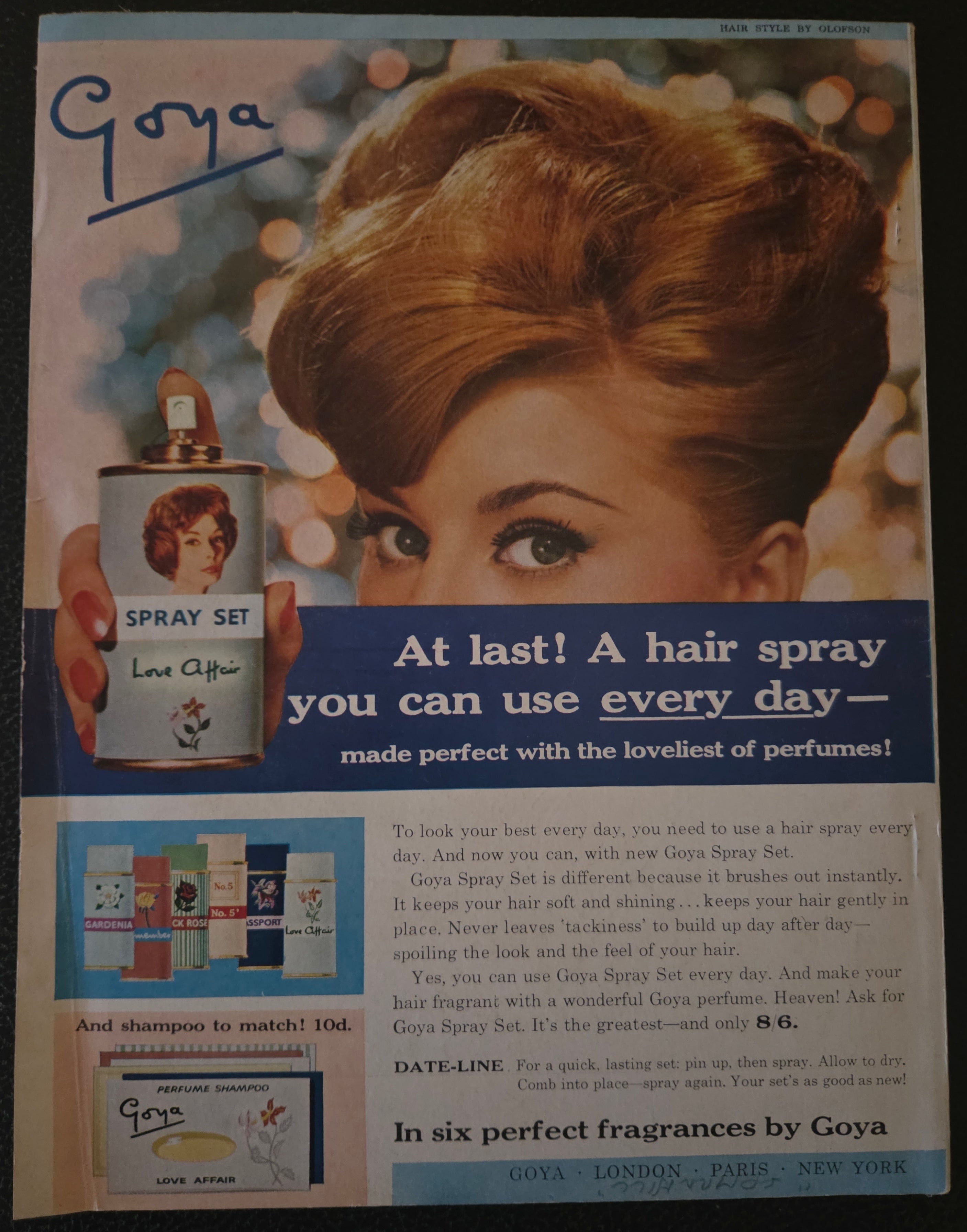 Vintage advertisement for Goya hair spray and fragrances featuring a woman with styled hair.