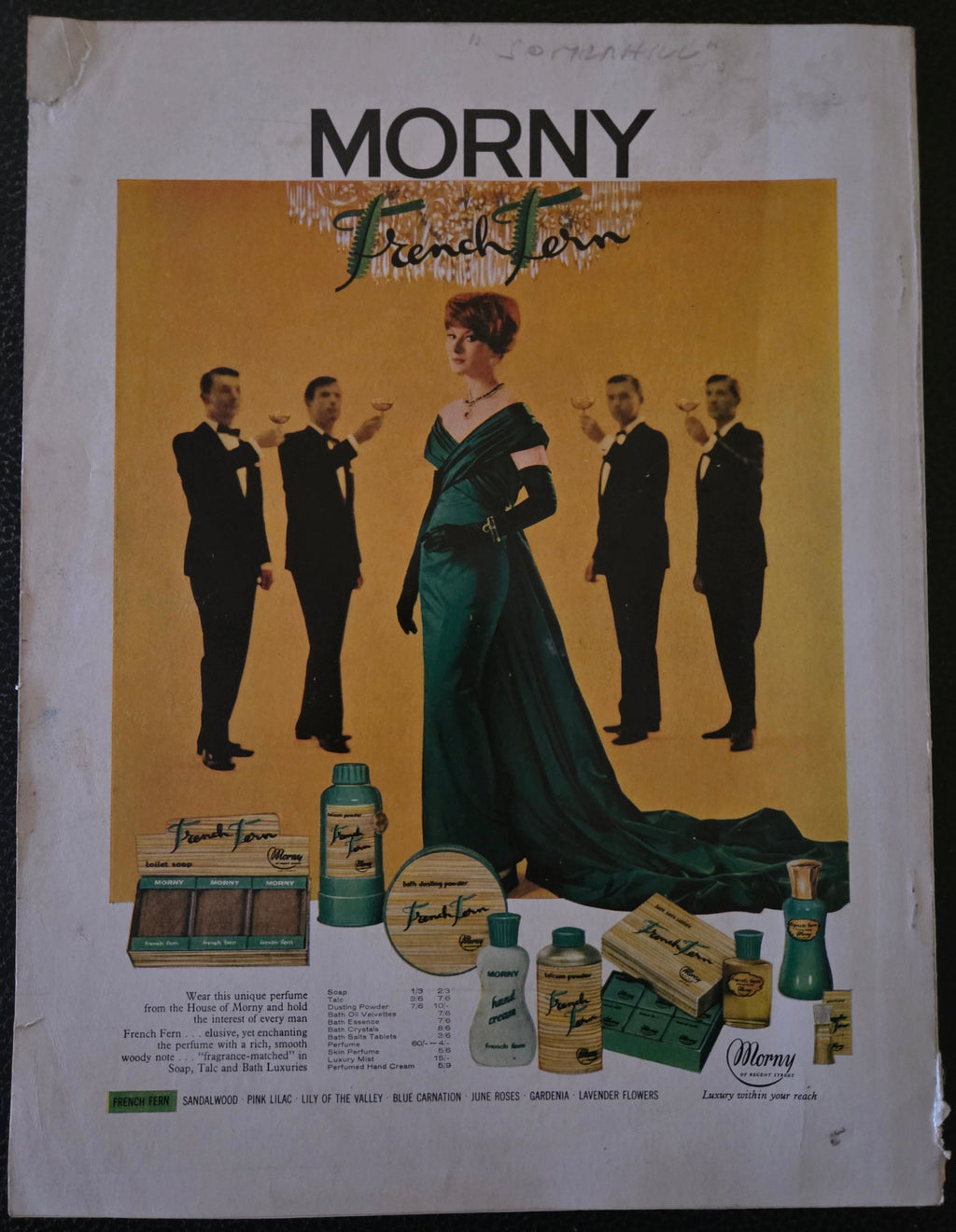 Vintage advertisement for Morny toiletries with illustrated bottles and packaging.