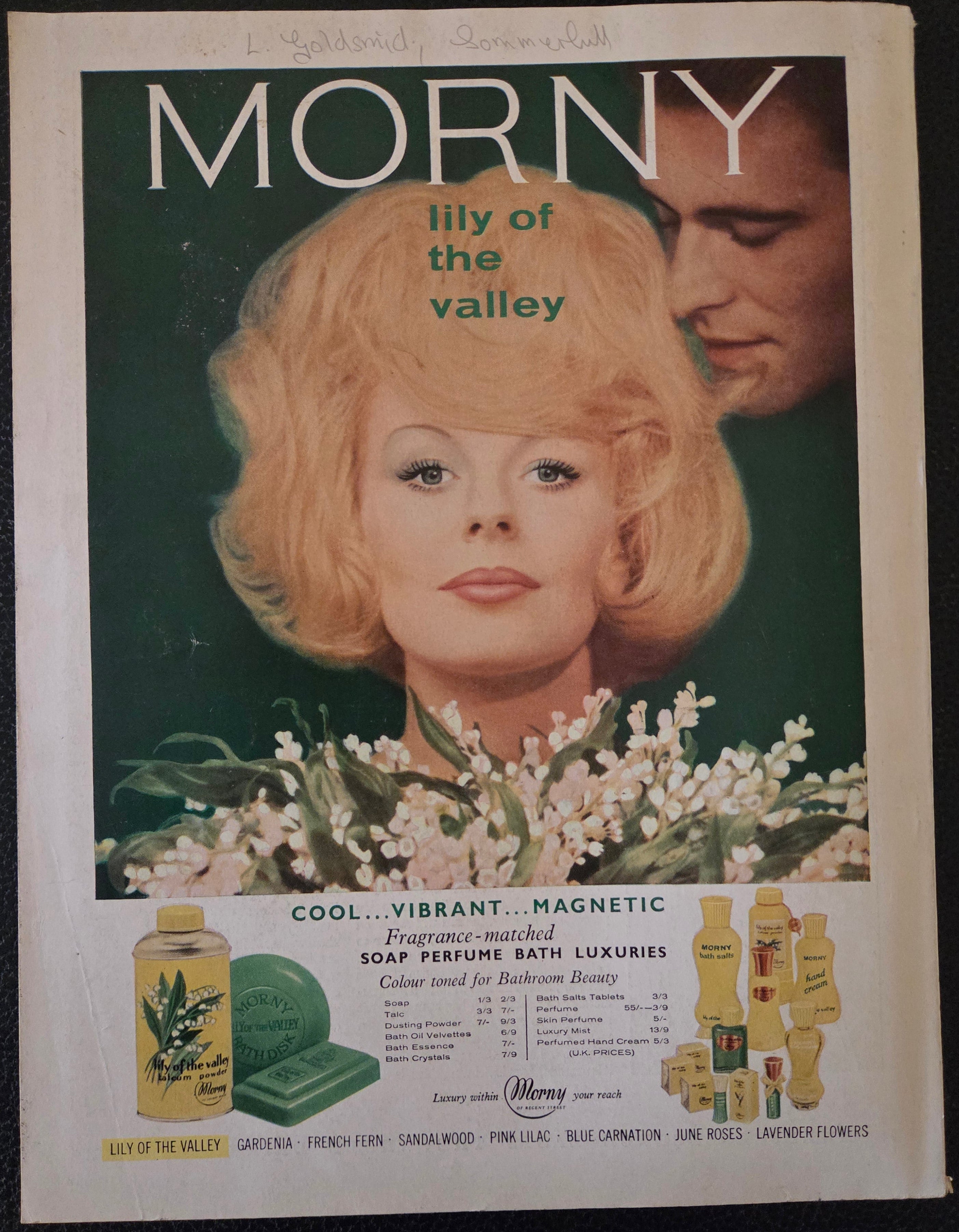Vintage Morny magazine advertisement featuring a woman with flowers and product display.