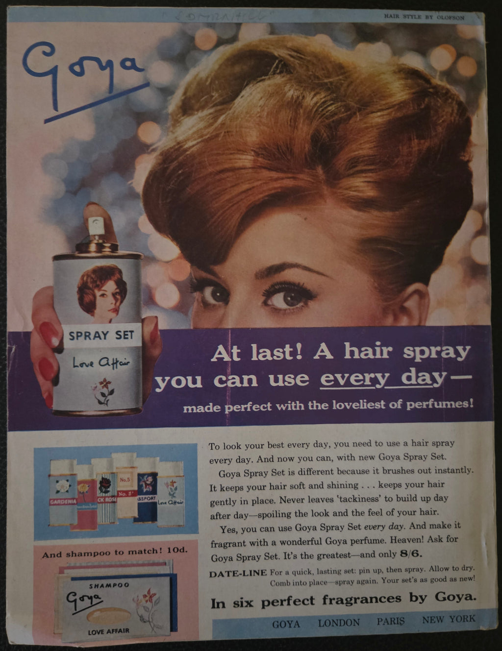 Vintage Goya hair spray advertisement with a woman holding a can of hair spray.