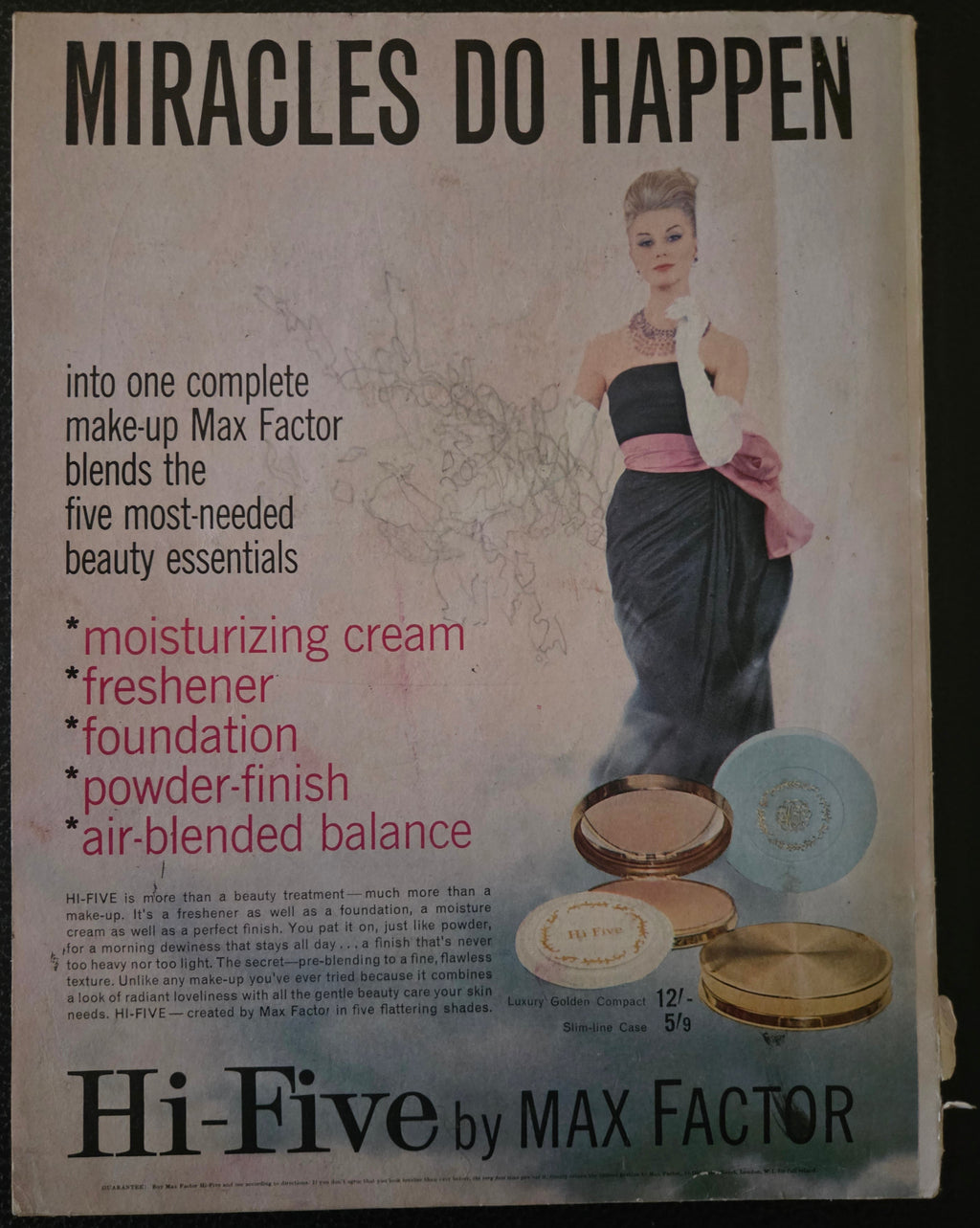 Max Factor advertisement with a woman and cosmetic products