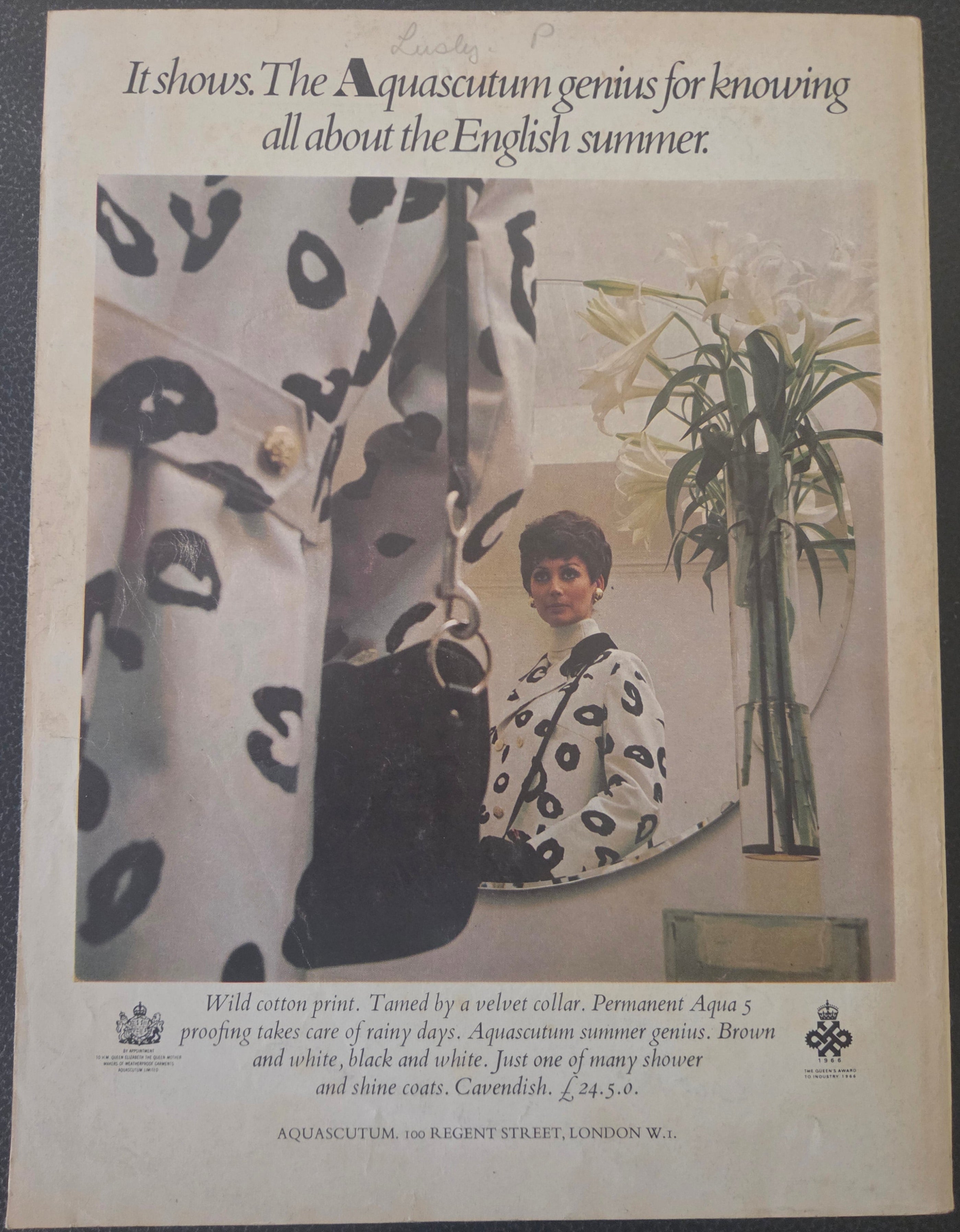 Vintage advert for Aquascutum with woman looking into mirror.