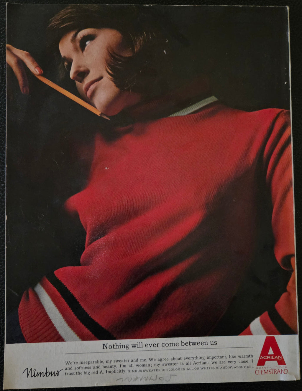 Vintage-style advertisement with a person in a red sweater holding a book, on a dark textured background.