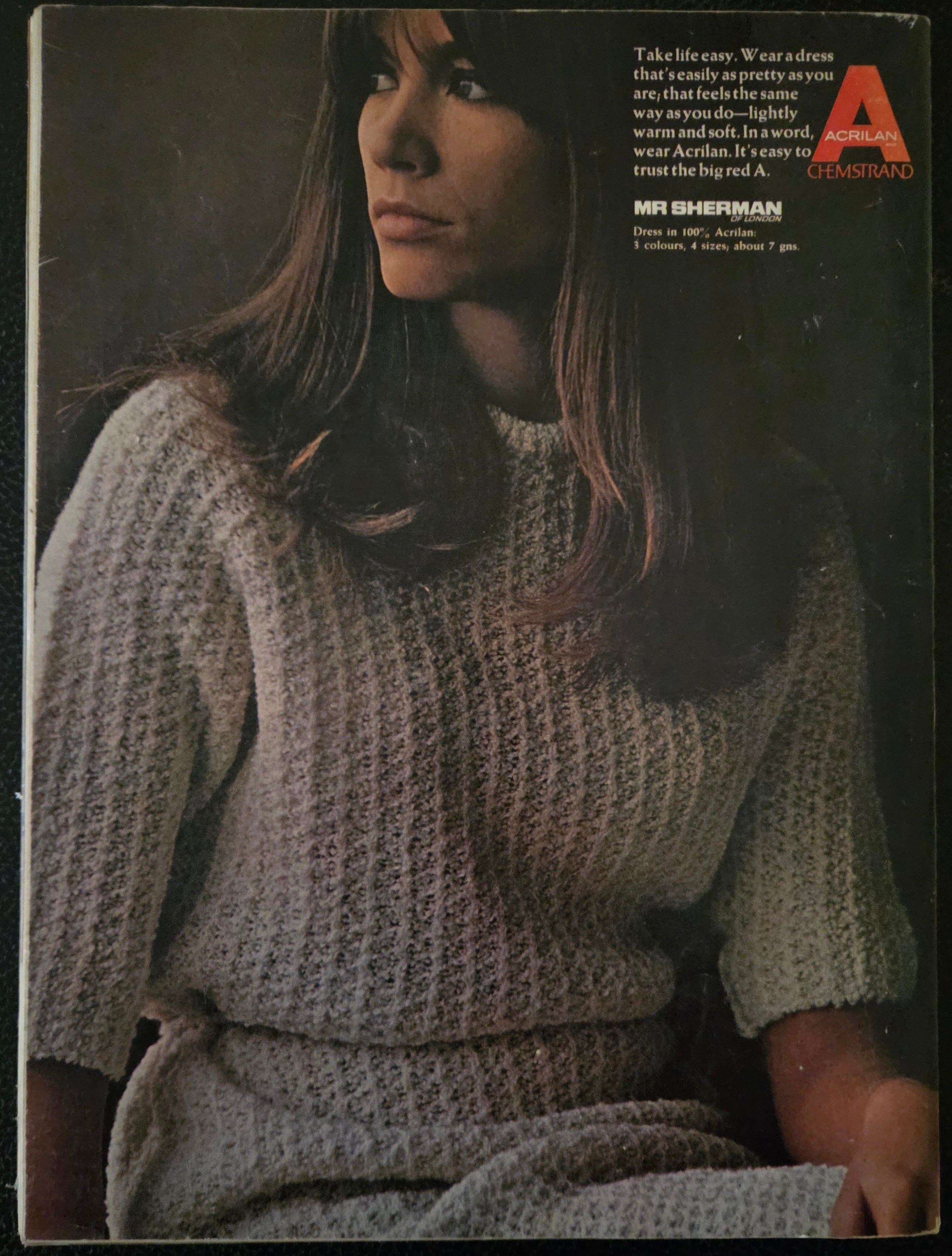 Acrilan vintage advert featuring model wearing textured dress.