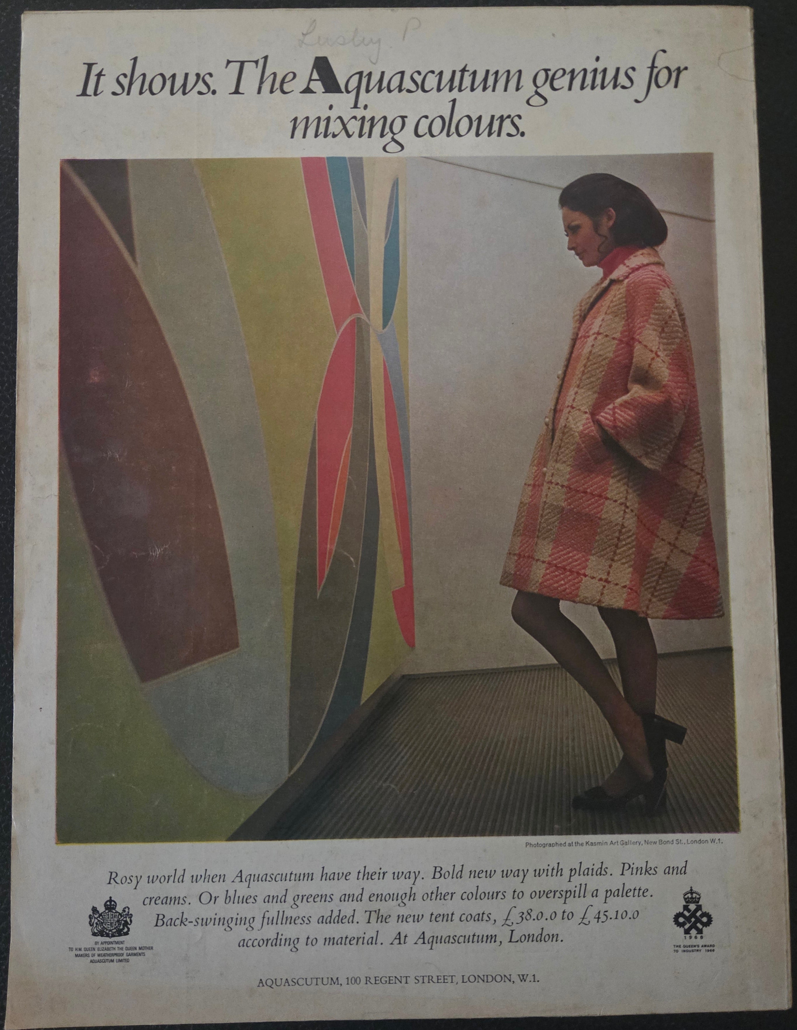 Vintage advertisement with a person in a plaid outfit and abstract colorful design.