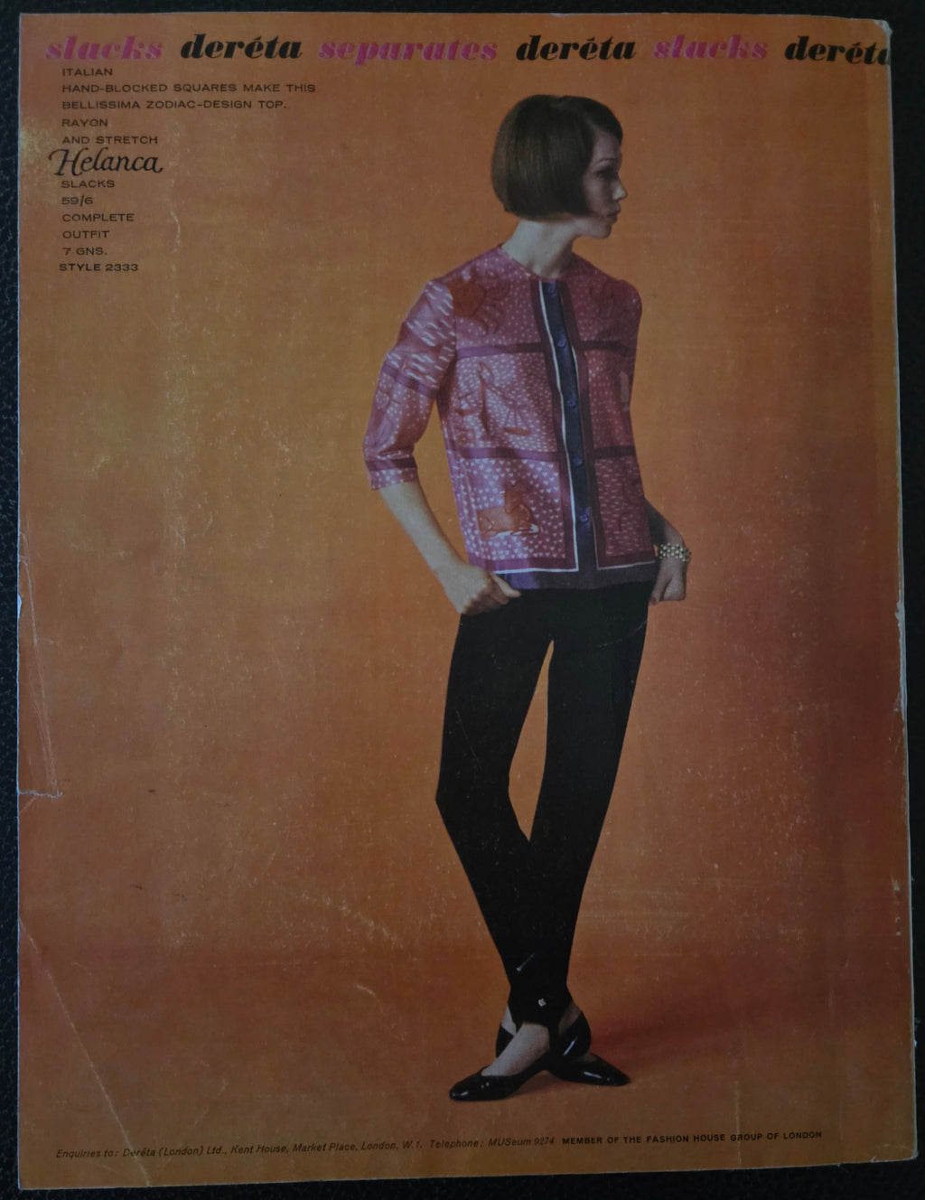 Vintage magazine or book cover with a person wearing a patterned jacket on an orange background