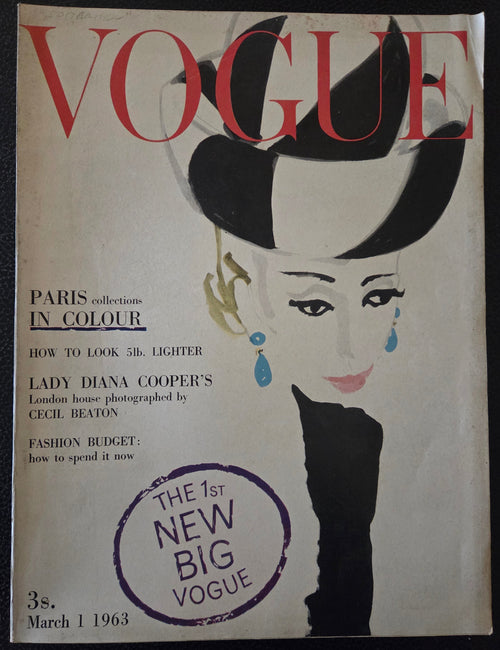 Vintage Vogue magazine cover with a stylized woman's face and text