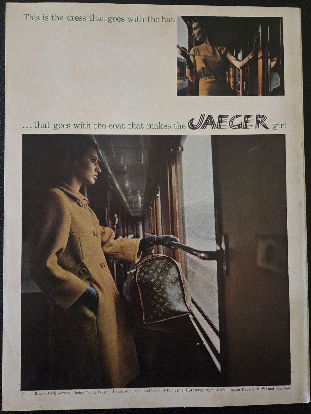 Vintage Jaeger advertisement with a woman in a train, featuring a coat and bag.