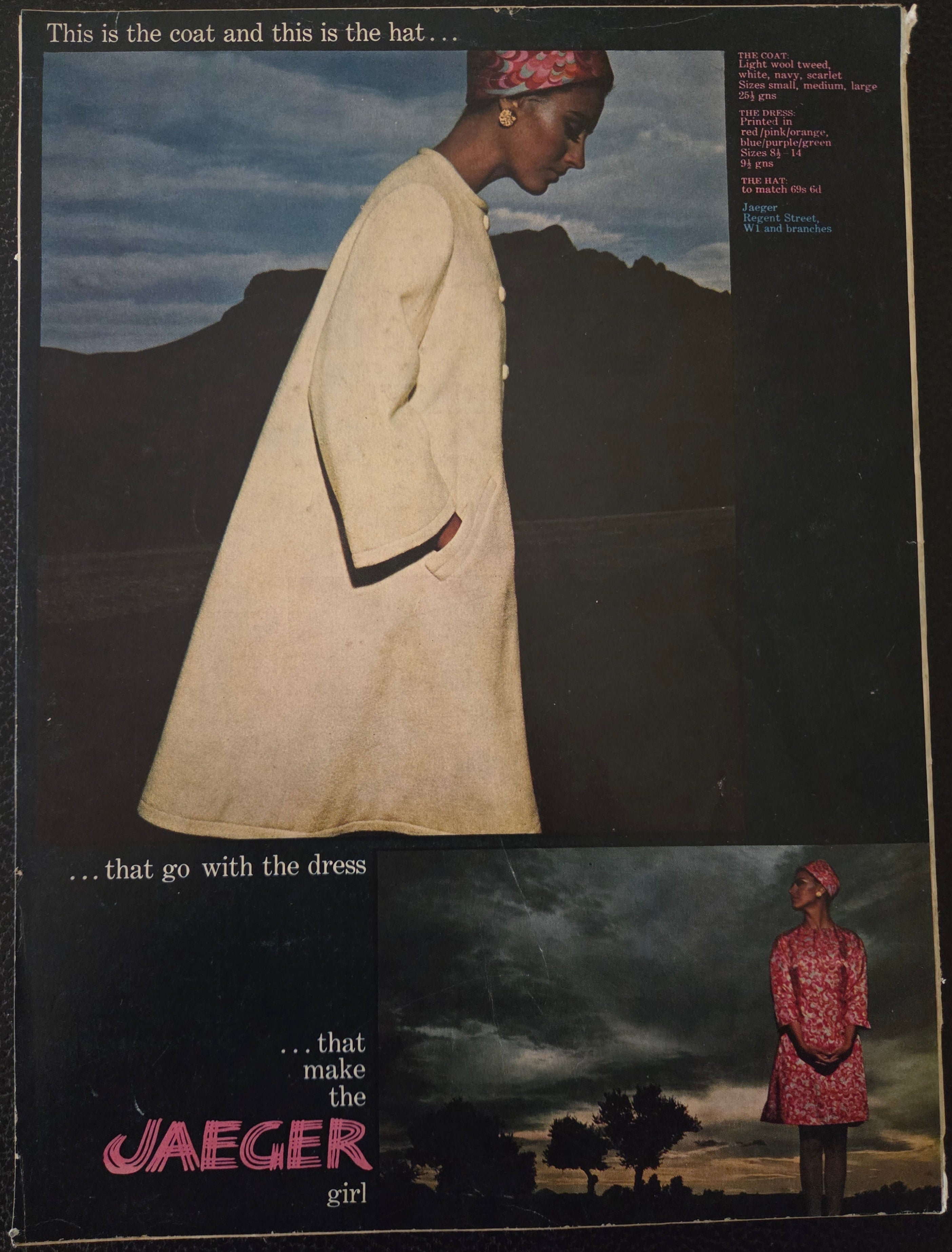 Vintage advertisement for Jaeger with a woman in a beige coat against a black background