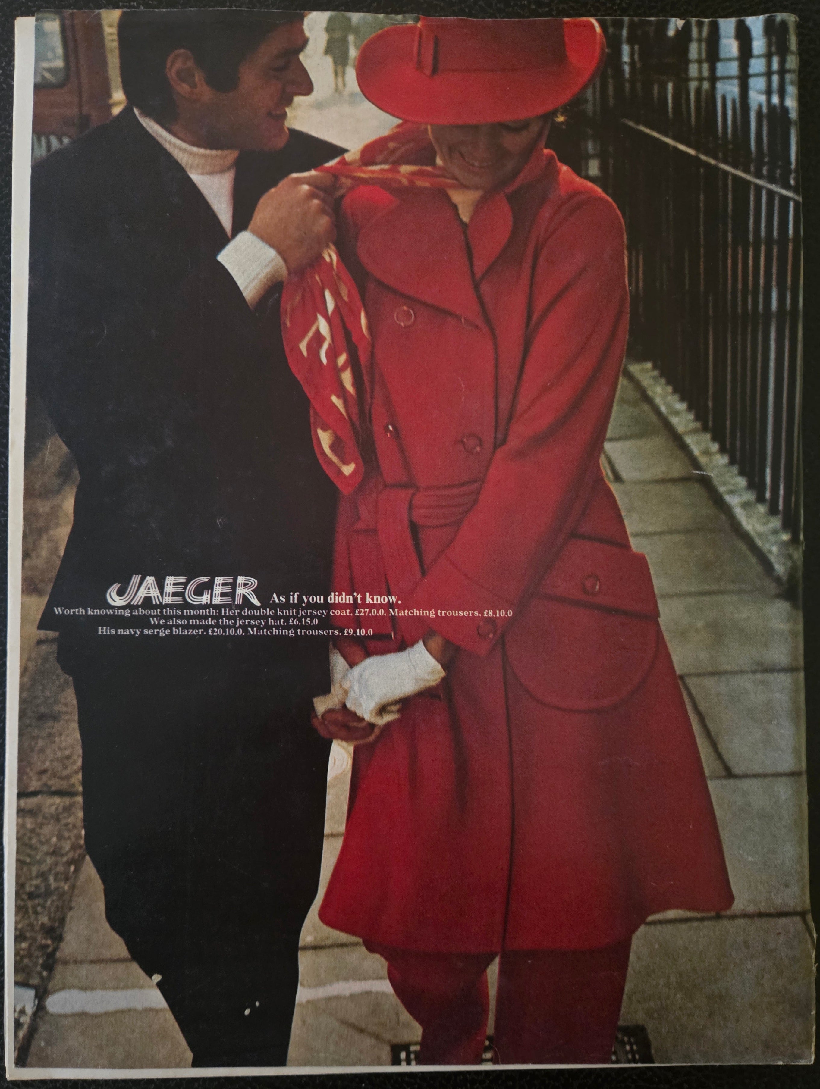Vintage Jaeger advert with man in black outfit and woman in red.