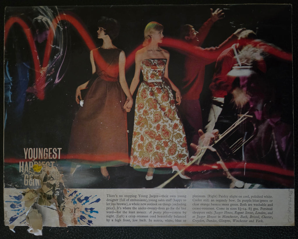 Vintage-style advertisement with models in dresses and abstract elements.