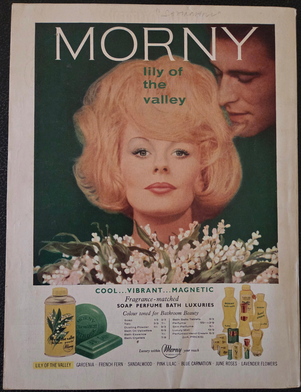 Vintage Morny soap advertisement with a woman's face and product packaging.