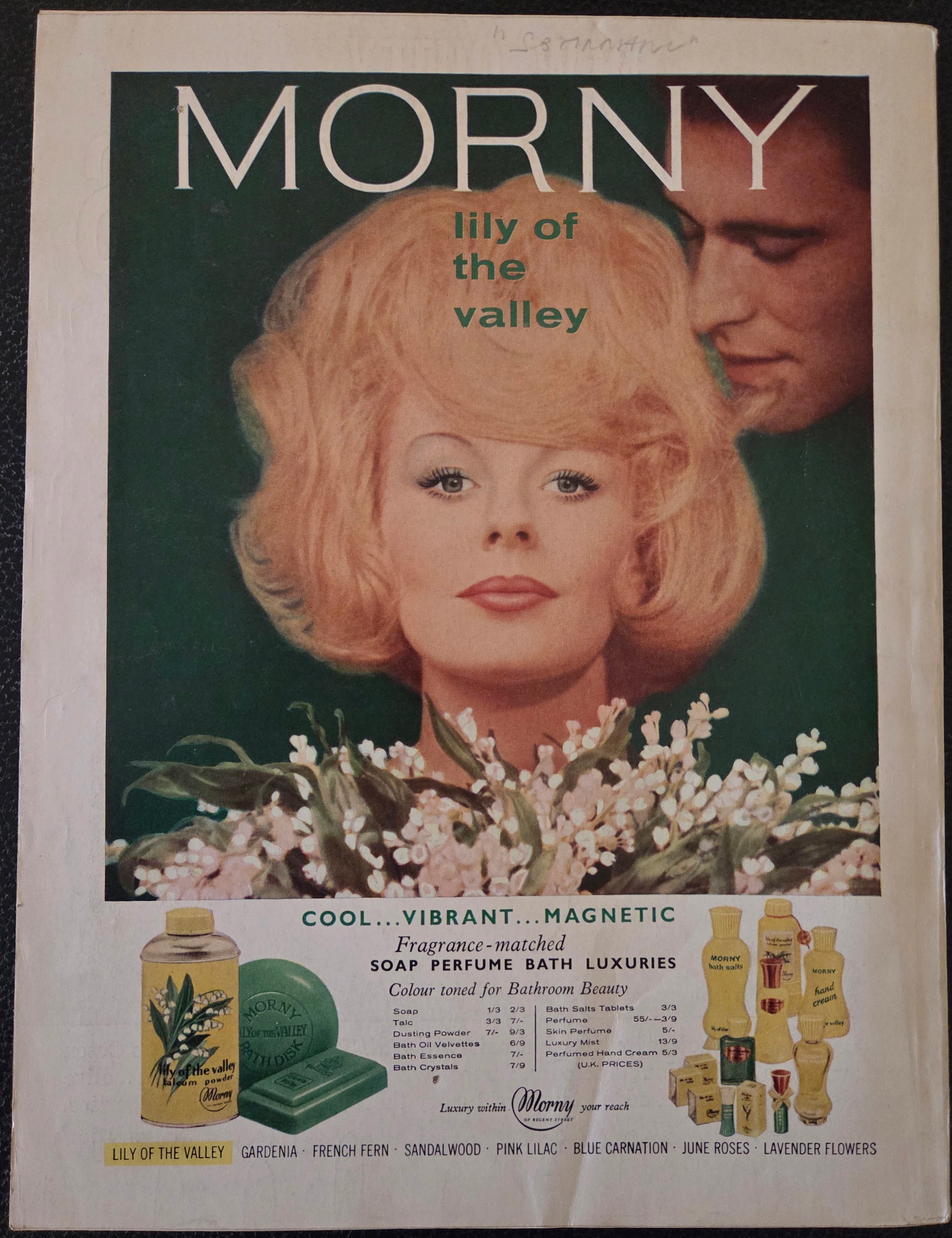 Vintage Morny soap advertisement with a woman's face and product packaging.