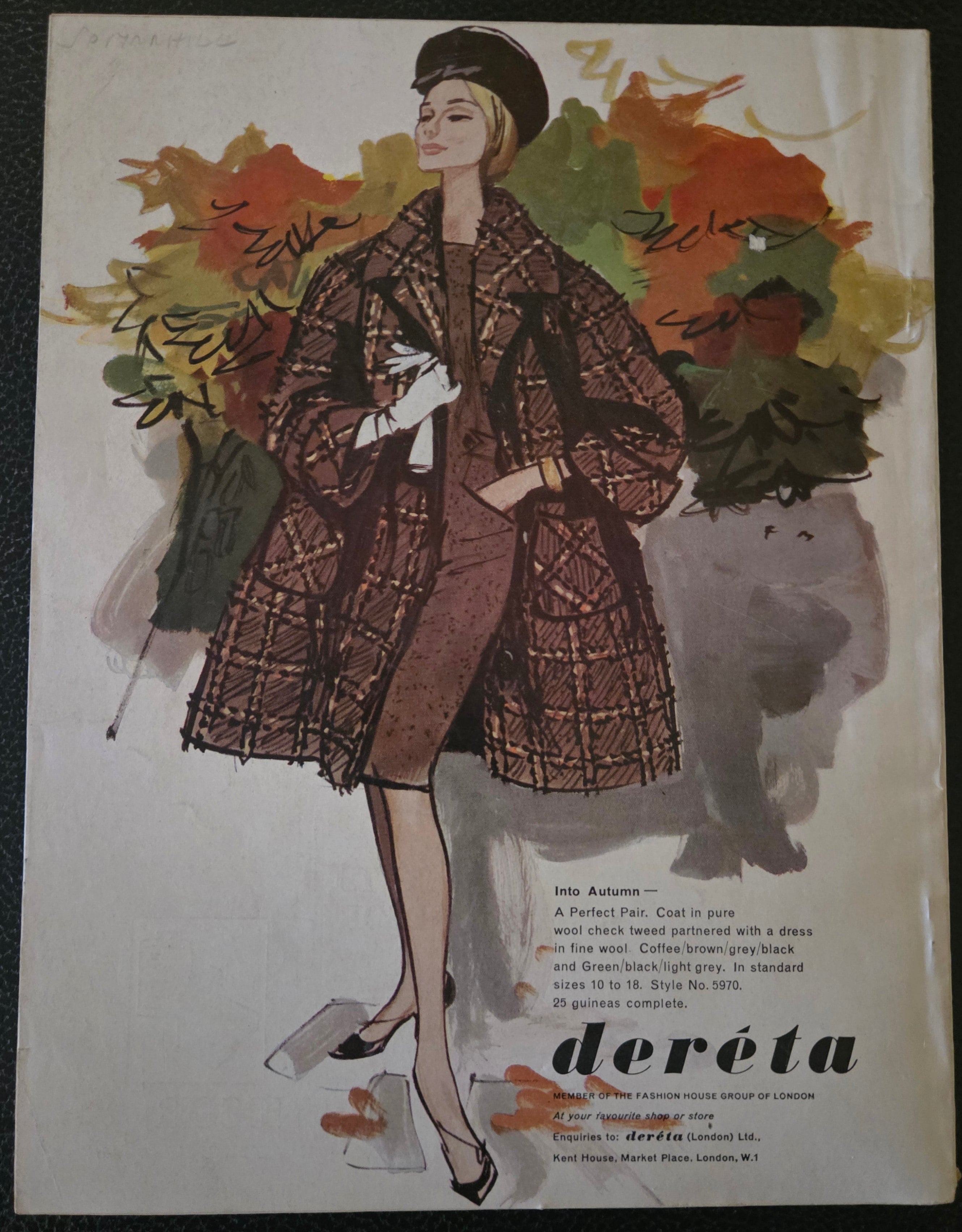 Vintage-style advertisement with a stylized illustration of a woman in a coat, surrounded by autumn leaves.
