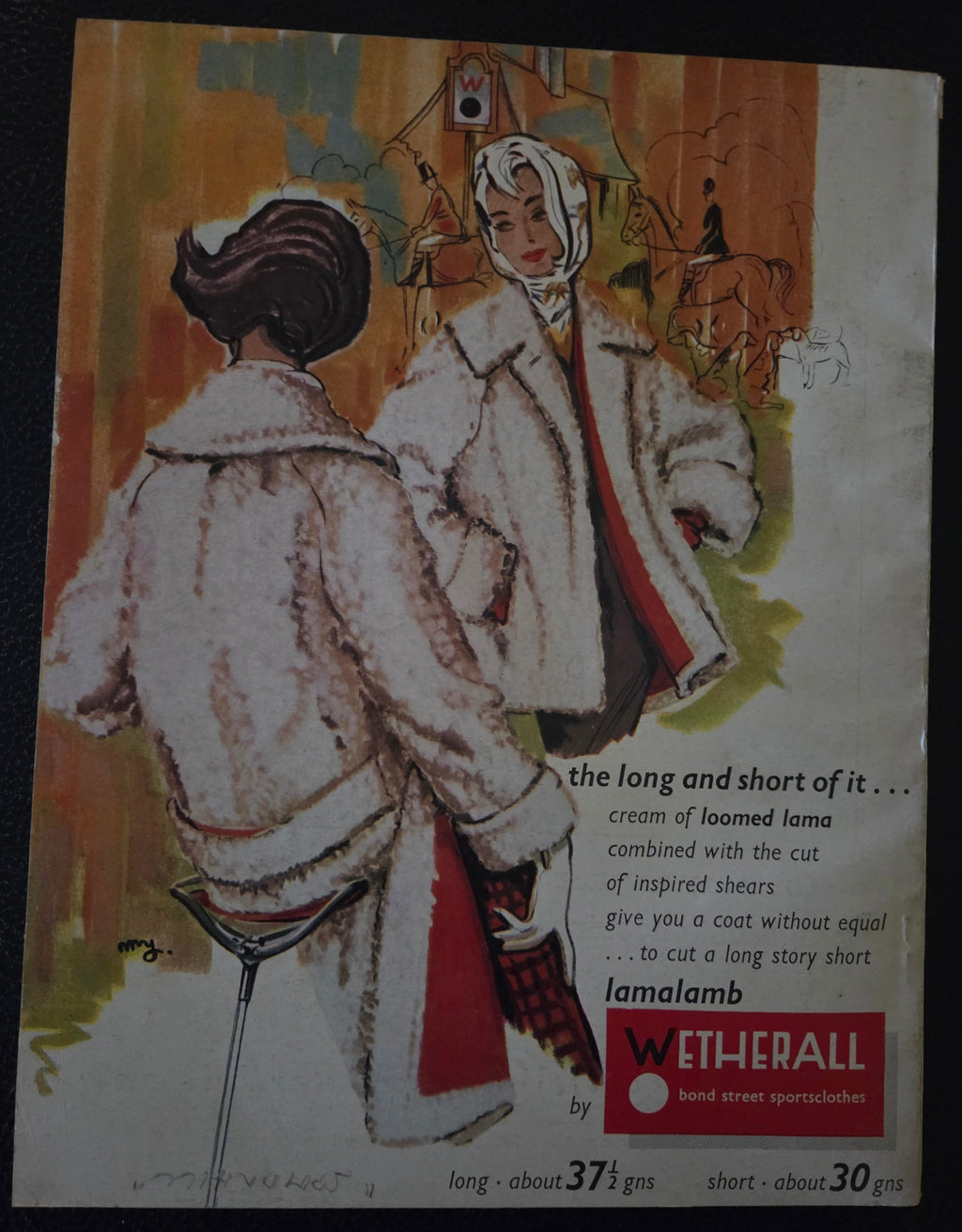 Vintage advertisement for Wethersall London cloth with illustration of people in coats.