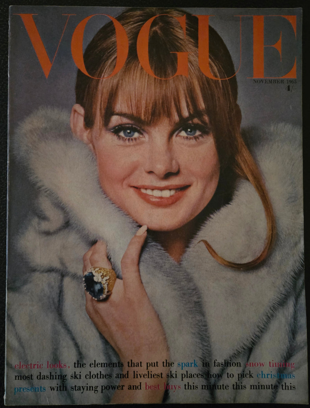 Vintage Vogue magazine cover with a woman wearing a fur coat and gold jewelry.