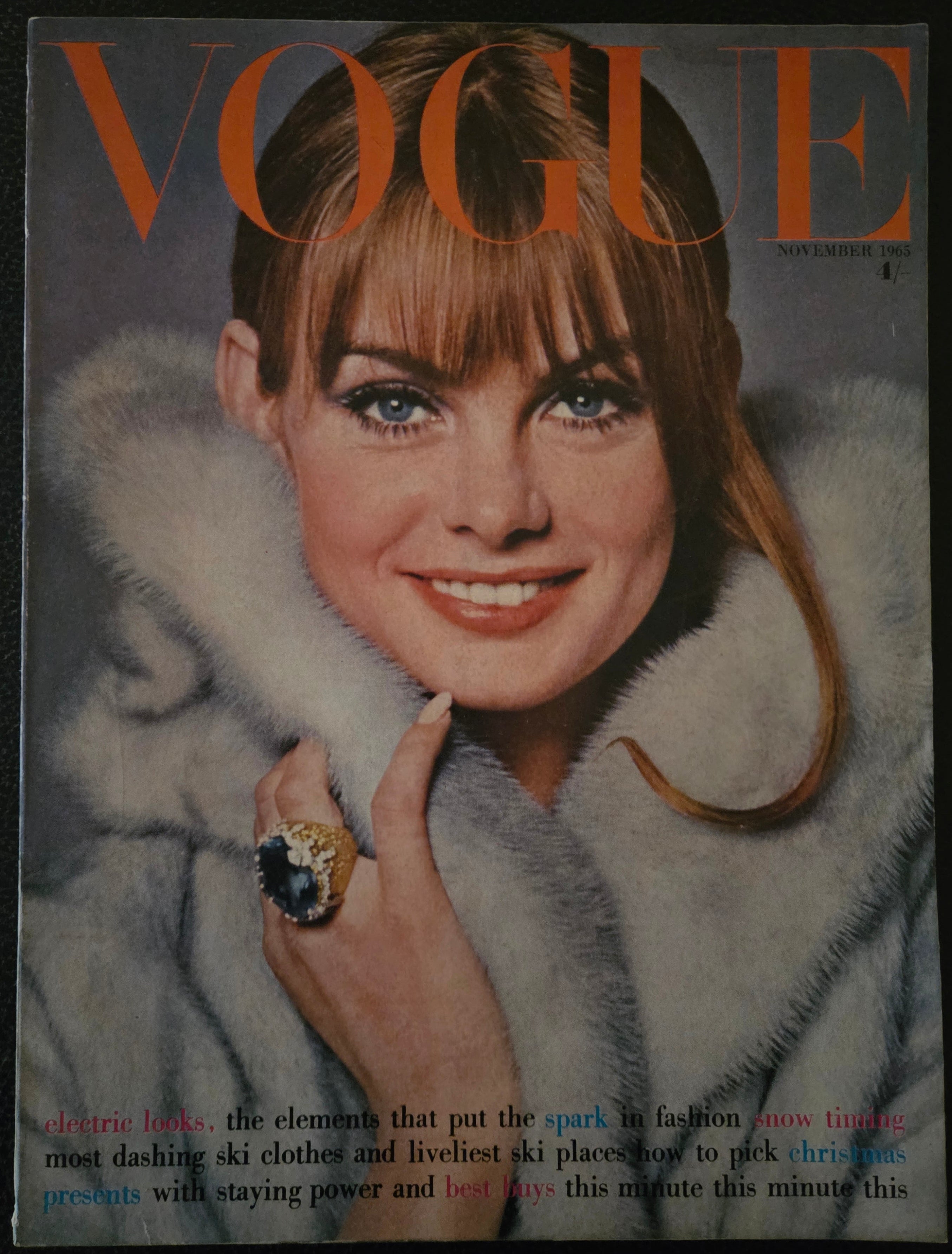 Vintage Vogue magazine cover with a woman wearing a fur coat and gold jewelry.