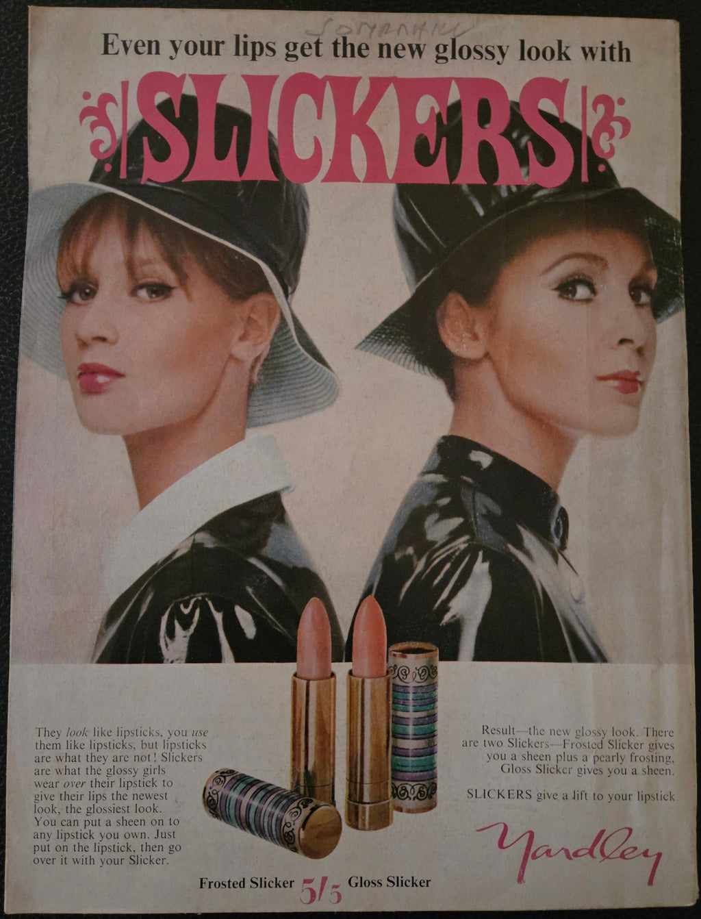 Vintage advertisement for Yardley's Slickers lip gloss with women wearing hats and lip gloss products.