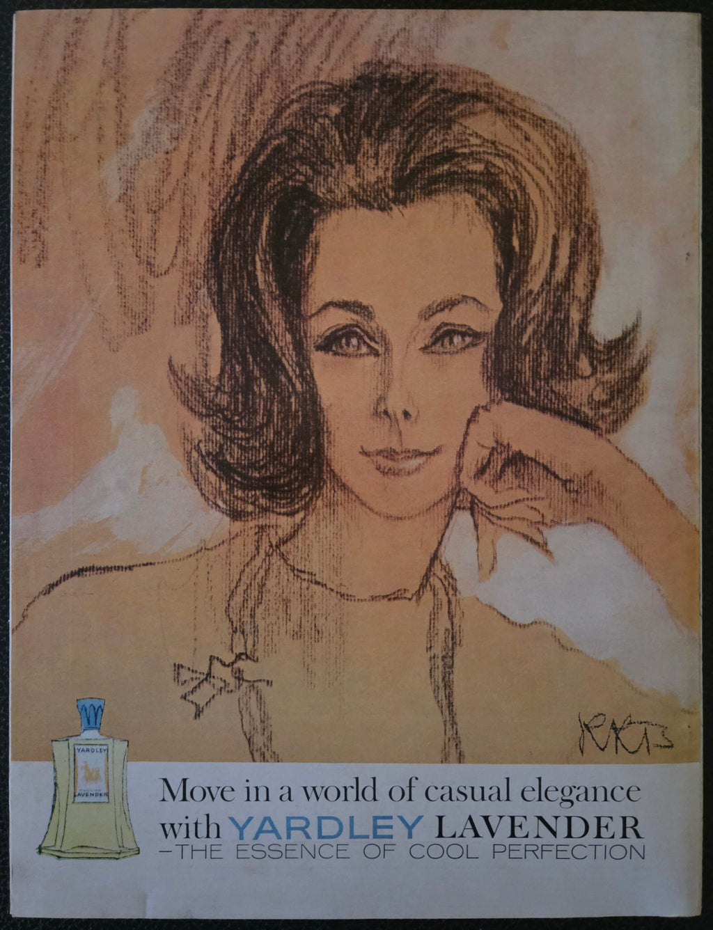 Vintage-style advertisement card with a woman's face and Yardley Lavender branding.