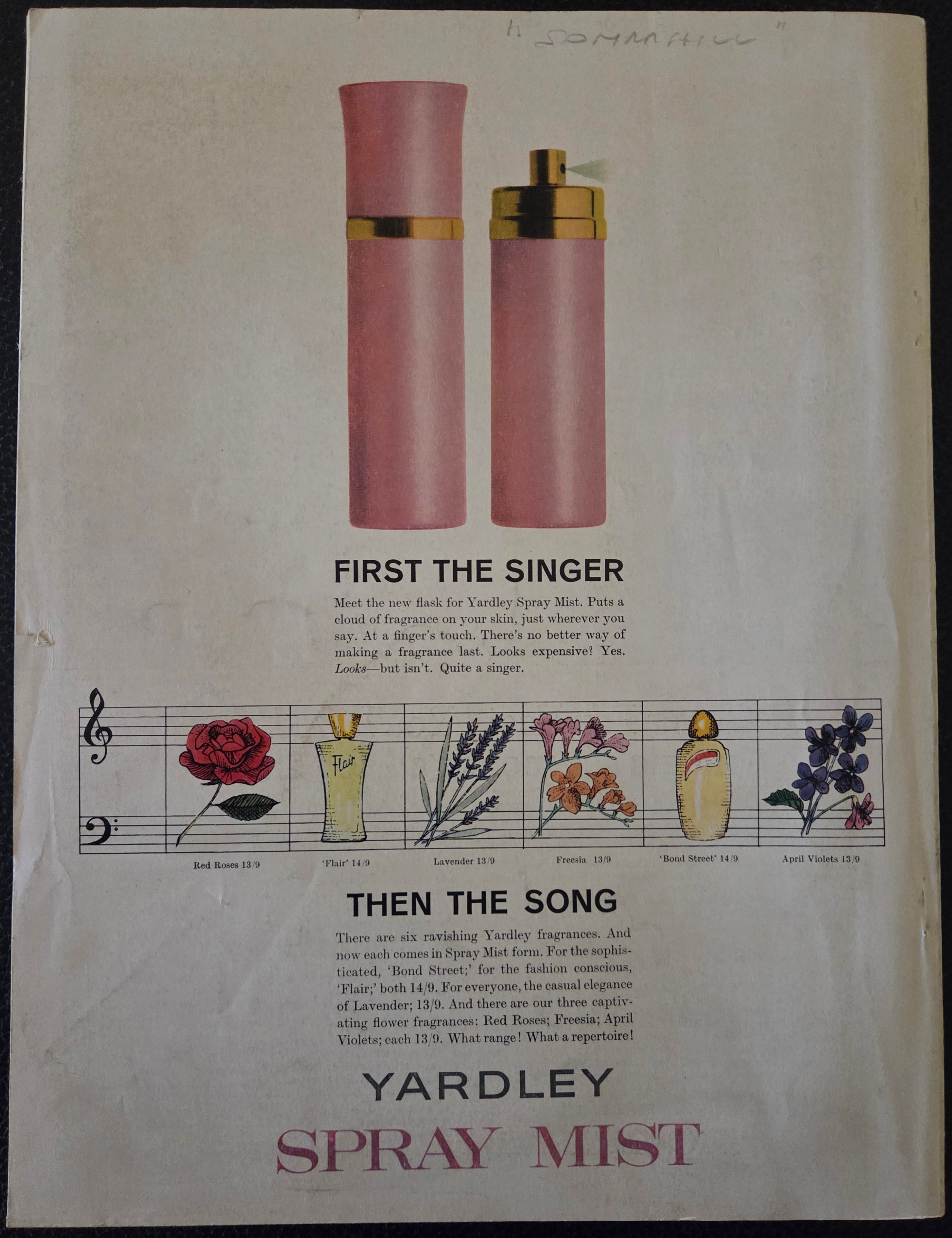 Vintage advertisement for Yardley Spray Mist with product illustrations and text.