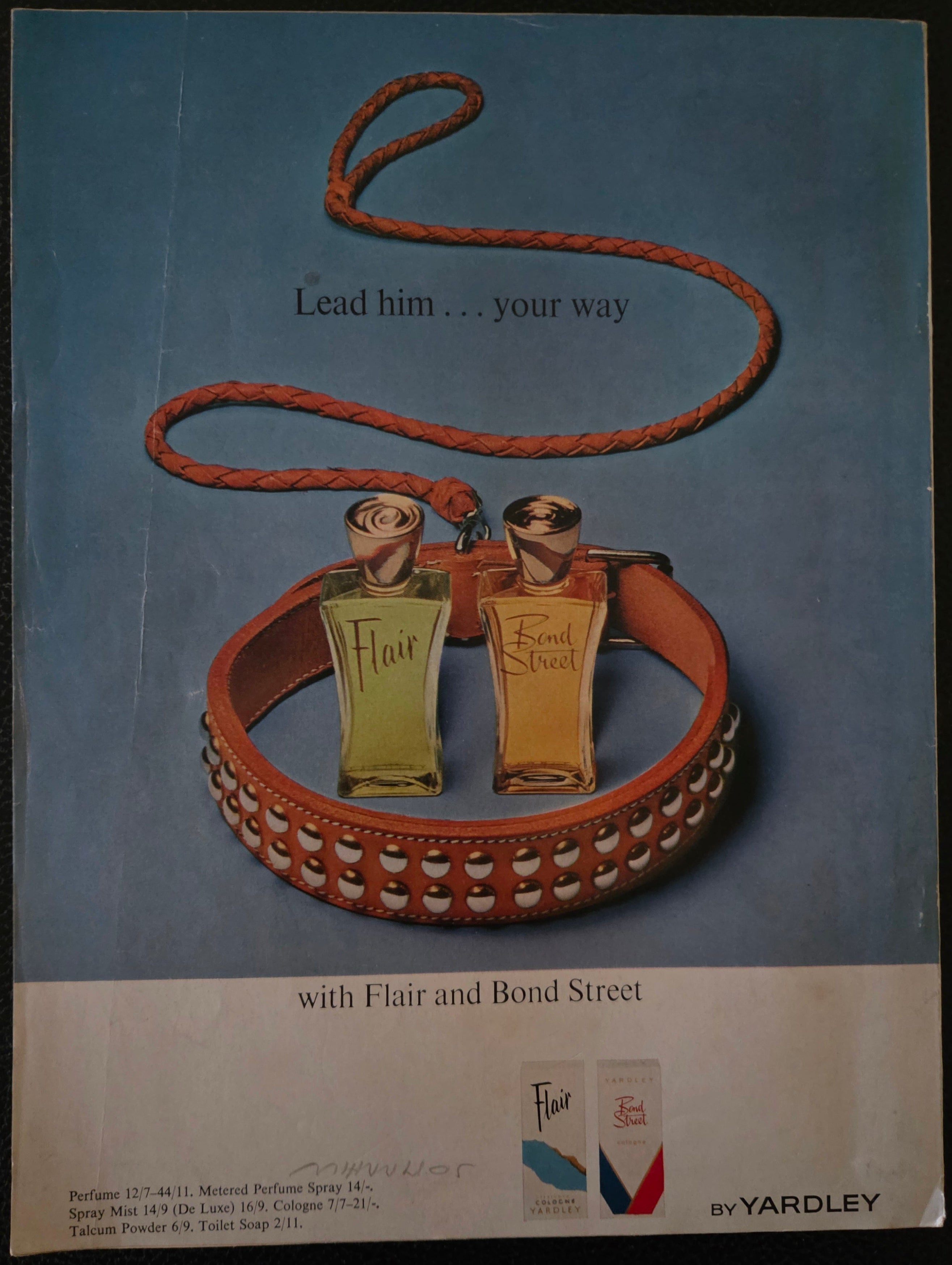 Vintage advertisement featuring a leather dog collar and leash with Yardley branding.