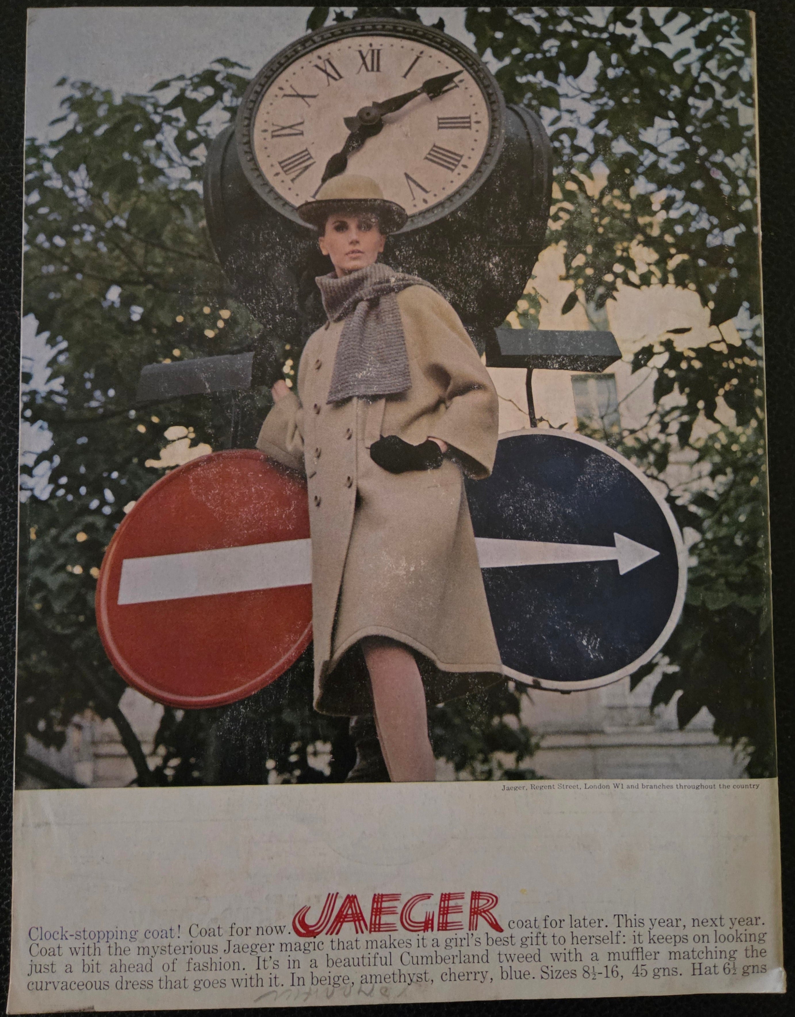 Vintage advertisement with a woman in a coat standing next to a clock and traffic sign, featuring the Jaeger brand.