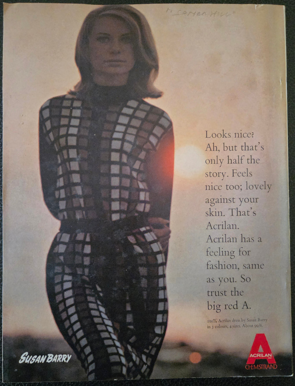 Vintage-style advertisement with a woman in a checkered dress against a blurred background