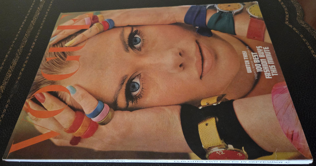 Vogue magazine with model wearing colourful accessories.