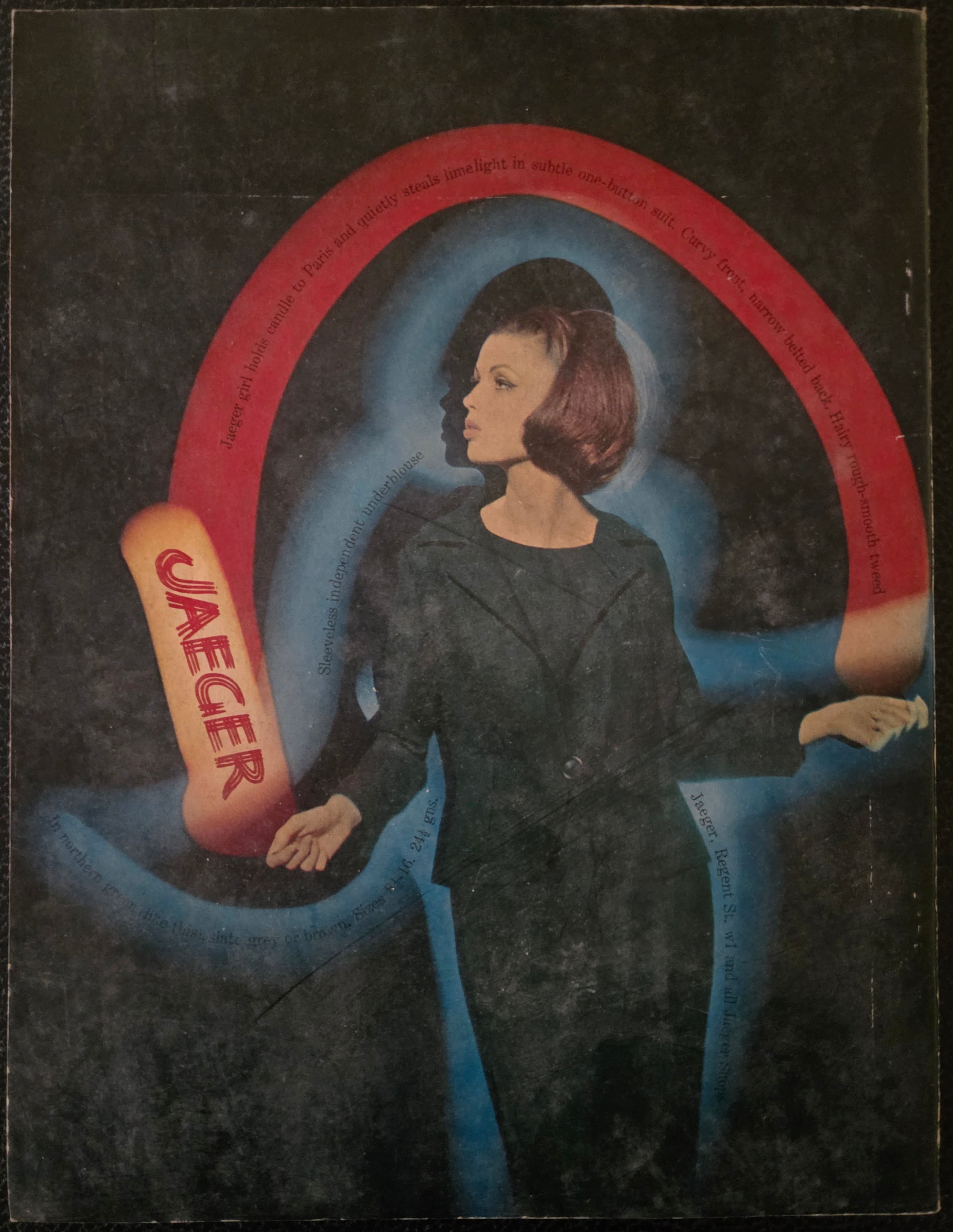 Vintage advertisement for Jaeger with a stylized illustration of a woman with a blue aura.