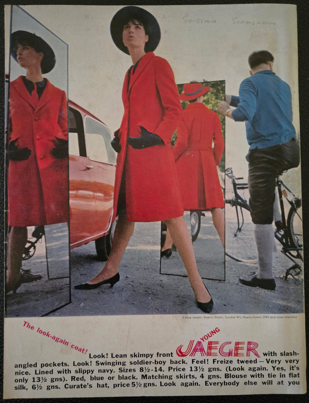Vintage Jaeger advertisement with model in red coat